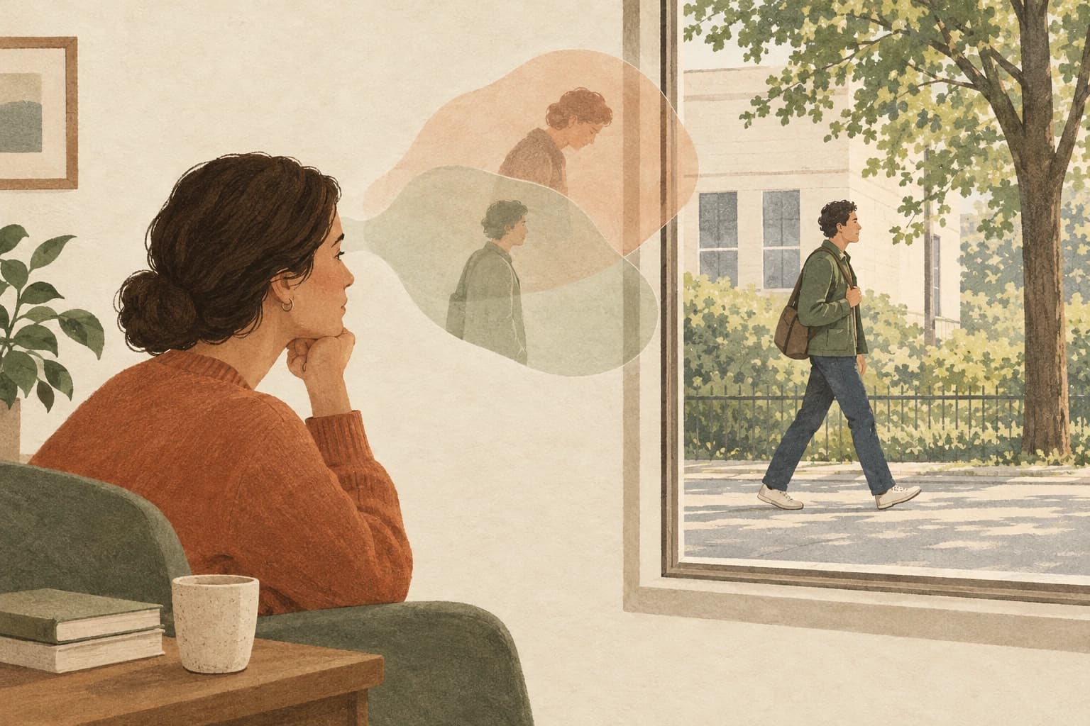 Eine Person betrachtet ein Geschehen am Fenster; darüber liegende transparente Formen illustrieren verschiedene mögliche Deutungen.